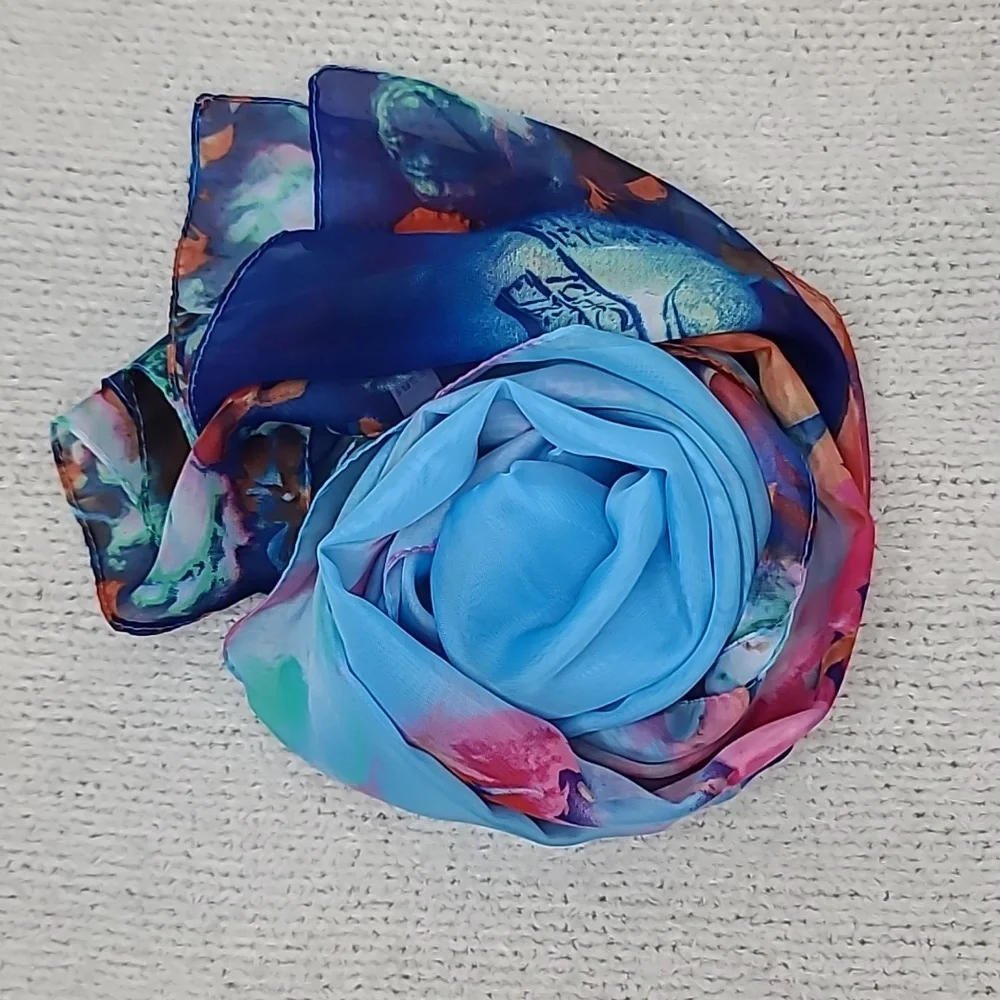 Unbranded Flowy Vibrant Floral Sheer Chiffon Classic Oblong Scarf Bl/Pnk Multi